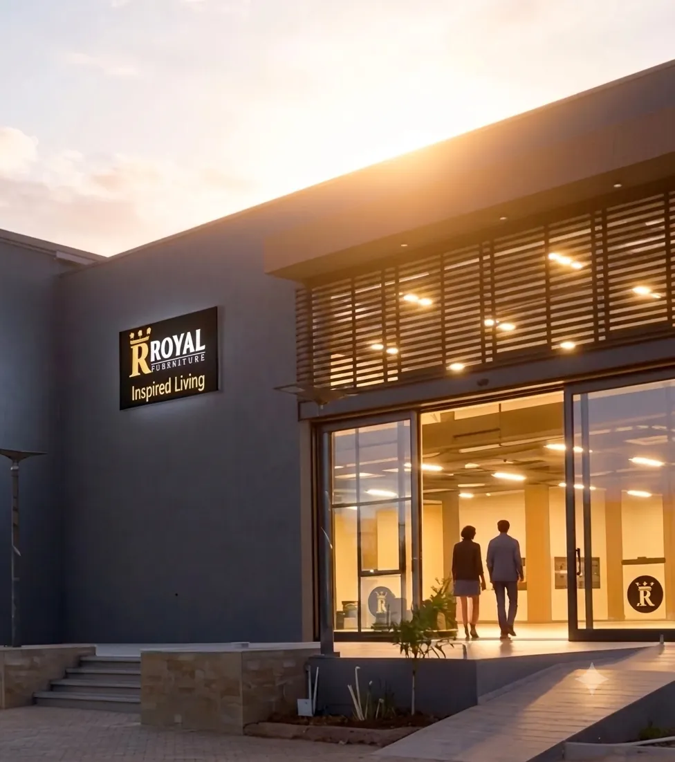 Royal Furnishers showroom entrance at dusk with customers walking in